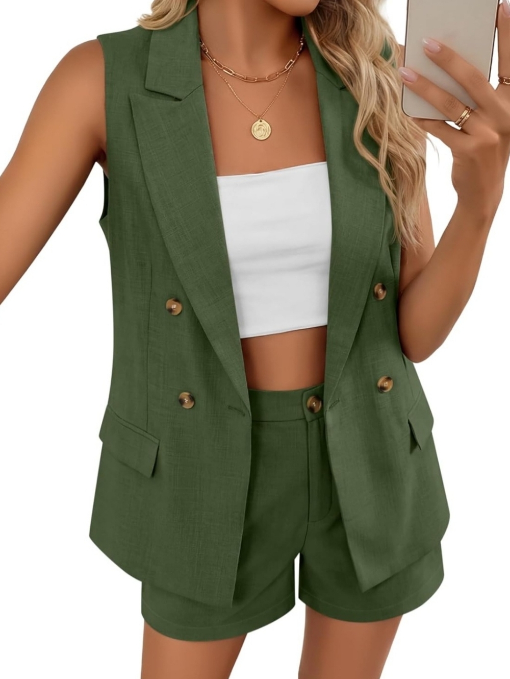 Womens 2 Piece Vest & Shorts Set XL Olive Green Tailored Blazer Vest